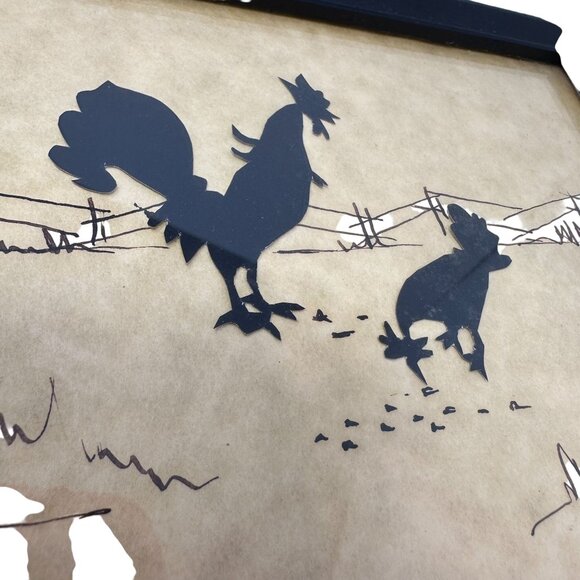 Vintage Rooster Hen Silhouette Farm Art Signed GR Framed Rustic Wall Decor - Picture 4 of 16